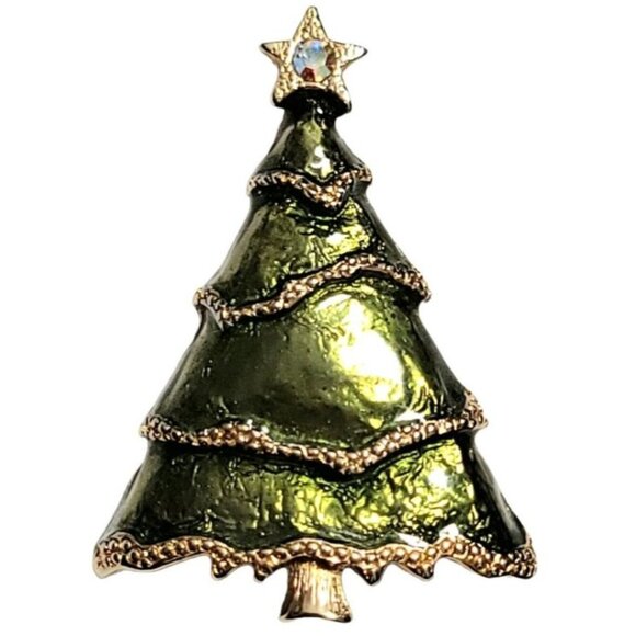 Liz Claiborne Christmas Tree Green Enamel Gold Tone Pin Brooch, Signed - Picture 1 of 7